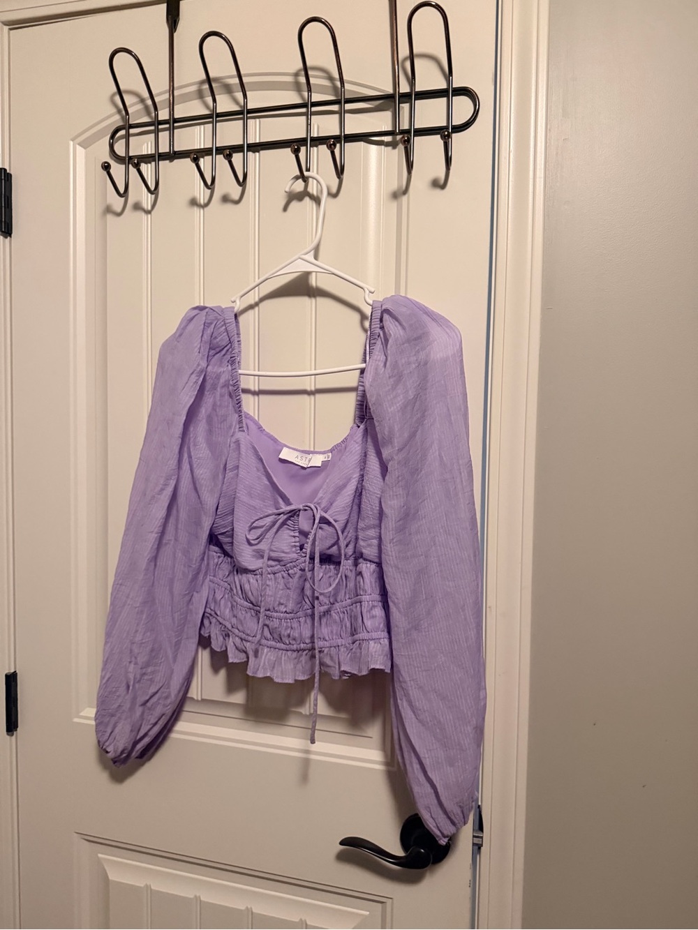 Lavender Puff-Sleeve peasant Tie-Front Crop Top